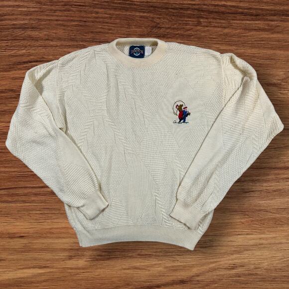 Vintage Men's Cream Jantzen 3D Texture Grandpa Embroidered Golf Sweater Large - Picture 1 of 8
